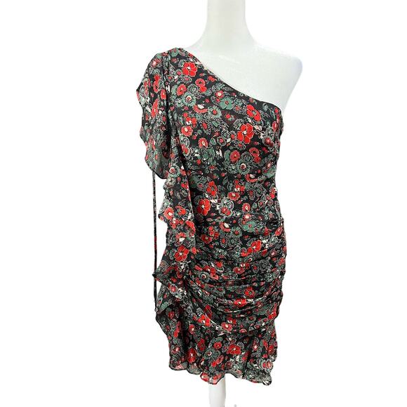 Veronica Beard Black and Red Floral Silk Mini Dress With Ruffles sz 2 - Picture 1 of 11